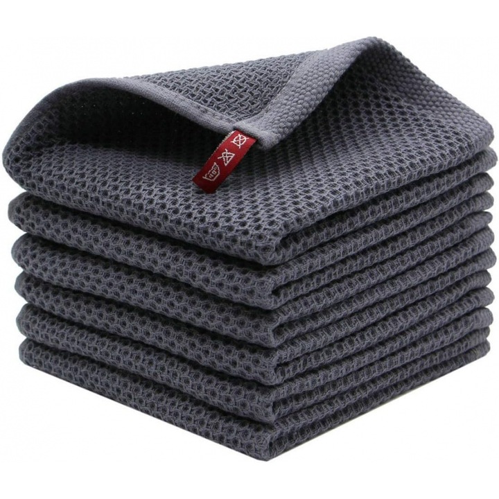 Set prosoape de bucatarie din bumbac, SUNNYYDS, 6 bucati, gri inchis, 30x30cm