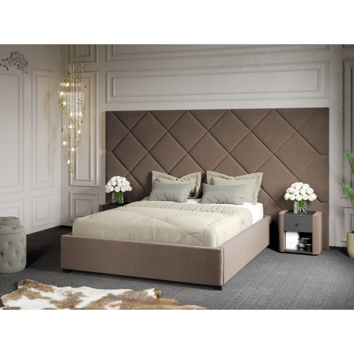 Pat Tapitat cu Panou, 305x171, C4, Dubai cu Somiera fixa, 160x200, Cappuccino/Velluto 29