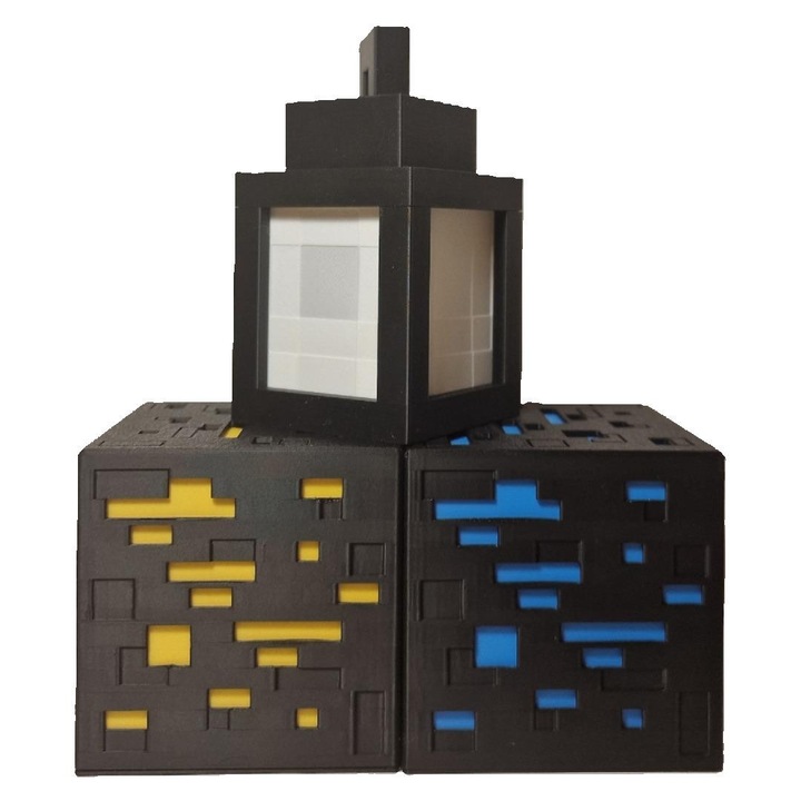 Pachet lampi de veghe minereuri Minecraft, 2 cuburi: aur, diamant si o lanterna