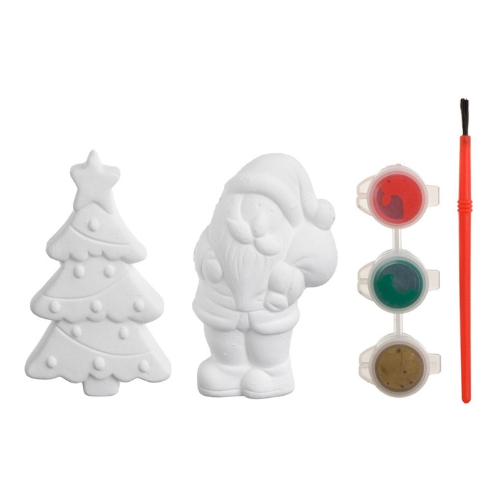 Set creativ de craciun cu figurine de ghips brad mos craciun & vopsea - 2buc