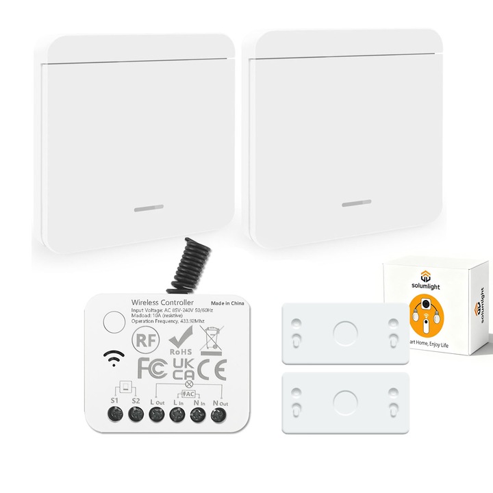 Comutator Wireless Montat pe Perete, General, Tehnologie RF 433MHz, Fara Cabluri, 10A, 85V-240V, 4x3.3x1.8cm, 1/2/3 Butoane - Alegere Libera