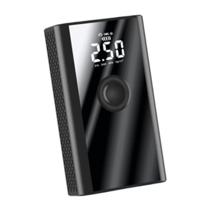 Mini pompa electrica de aer, 150PSI, 4000mAh, portabila, neagra, 78x41x137mm, set complet, Afisaj digital de inalta definitie, iluminare de urgenta, poate fi folosit ca baterie externa si este usor de transportat