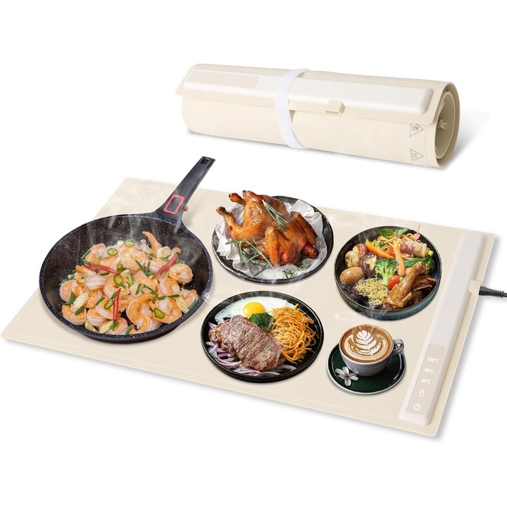 Platou incalzit flexibil, din Silicon Nano – Incalzire Rapida cu temperatura reglabila 60-100°C, 3 Trepte de Temperatura, 60×40 cm – pliabila, portabila, pentru dezghetare sau mentinerea temperaturii mancarii, Bej
