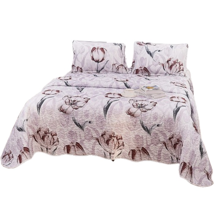 Cuvertura de pat, Microfibra, 3 piese, 2 persoane, 220x240cm, Imprimeu Lalele Multicolor