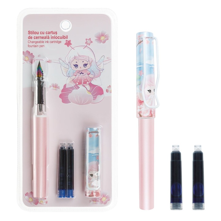 Set stilou roz imprimeu zana & 2 rezerve cerneala