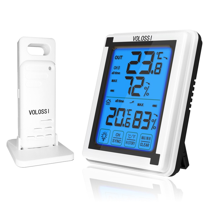 Termometru si higrometru digital, senzor portabil, 60m, 433 MHz, alb/negru