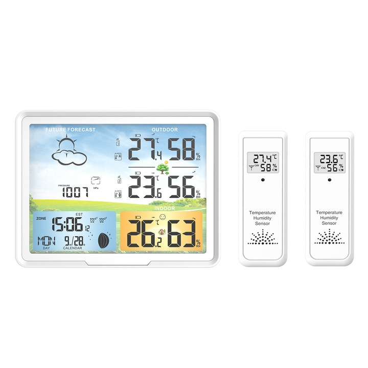 Statie meteo wireless 10-in-1, 2 senzori portabili, afisaj colorat 7.4 inch, temperatura si umiditate interioara/exterioara
