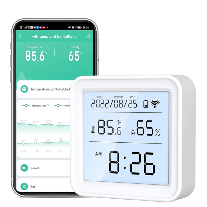 Termometru si higrometru WiFi, monitorizare in timp real, control prin aplicatie, alb