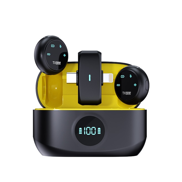 Set de 2 Microfoane Lavaliera K31Pro, Tip C si Lightning, Carcasa de Incarcare Magnetica, Galben