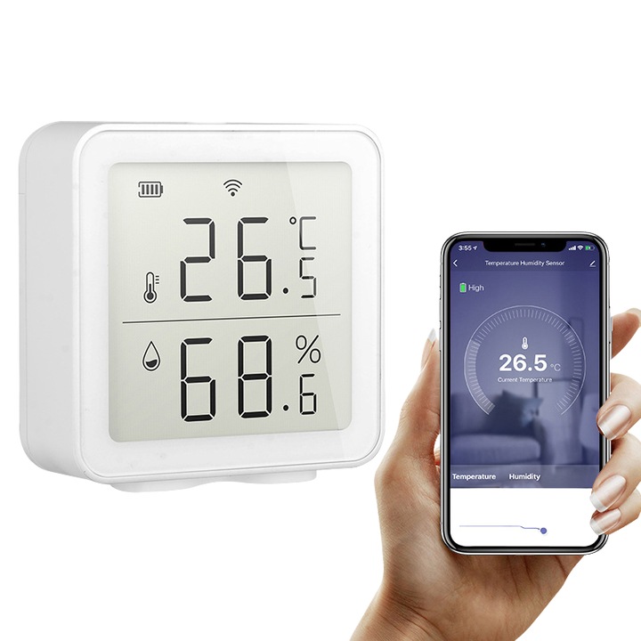 Termometru si Higrometru WiFi, TY-191, Control prin aplicatie, Functie de ceas, Alb
