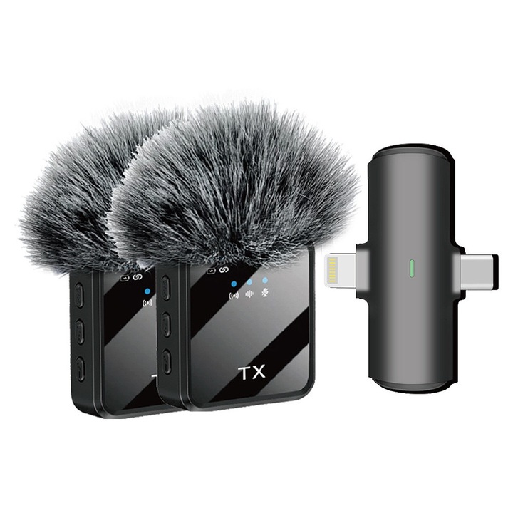 Set de 2 Microfoane Lavaliera F15, Wireless, 2.4 GHz, Negru, USB-C, tip Lightning