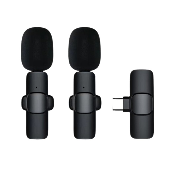 Set de 2 Microfoane Lavalier K1, Wireless, 2.4 GHz, Negru, Tip C