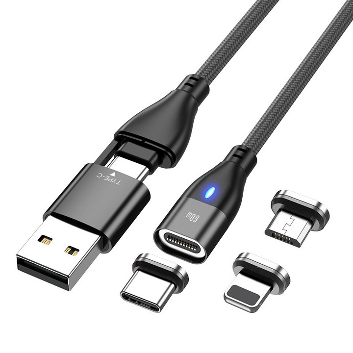 Cablu de date si Incarcare Rapida, Rqiurpn, 6 in 1, 60W, QC 3.0, Magnetic,11pin, USB, Type-C, Lightning, Micro-USB, 2m, LED Indicator, Fir Impletit, Compatibil Phone, Laptop, Negru
