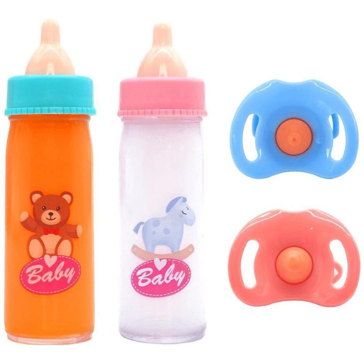 Комплект от 4 аксесоара за кукли, Momcbebe, 1 шише за мляко, 1 шише за сок, 2 биберона, многоцветен, 9.5см