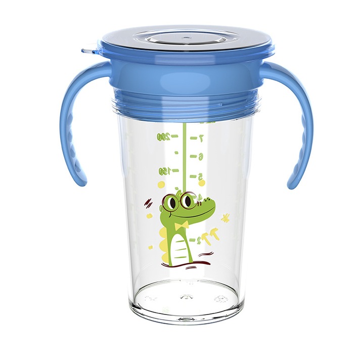 Бутилка за вода 360, Momcbebe, 240ml, синя, 14x14.5cm, против изтичане, за деца