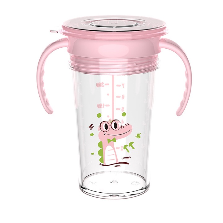Чаша 360 против разливане с дръжка, Momcbebe, 240 мл, розова, 14x14.5 см