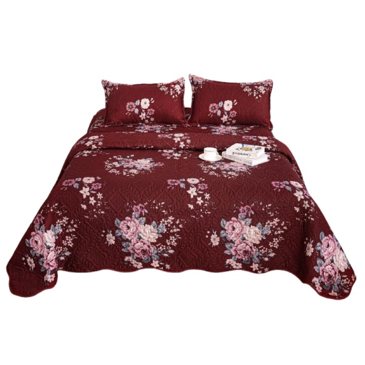 Cuvertura de pat, Microfibra, 3 piese, 2 persoane, 220x240cm, Imprimeu Bujori, Multicolor