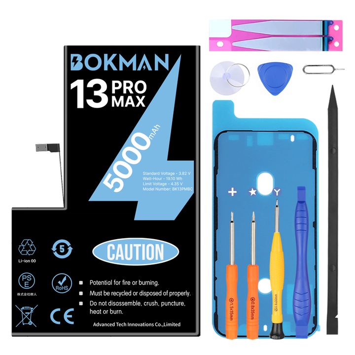 Baterie compatibila cu iPhone 13 Pro Max, Bokman, 5000mAh Kit instrumente reparatii inclus