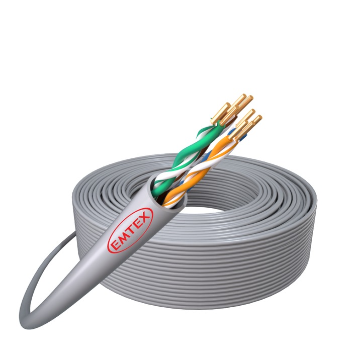 Cablu Emtex U/UTP, Cat.5e, Cupru, 24AWG/1, manta PVC, Eca, Fluke Pass, cutie 305m, Gri