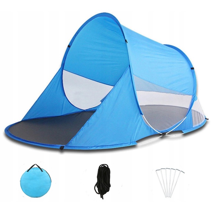 Cort plajă automontabil BestHurt, albastru, 200x120x100cm, set cort și husă, greutate 1kg, protecție UV