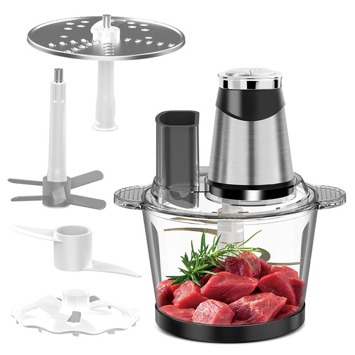 Tocator Electric Universal 6in1 - Bol de 3,5L Sticla, Putere 1200W, Carne si Legume, Argintiu