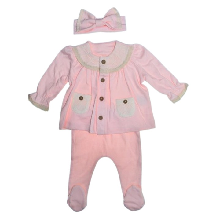 Compleu 3 piese pantaloni, bluza si bentita, pentru fete, Mini Junior 2518R, Roz 56-62 CM