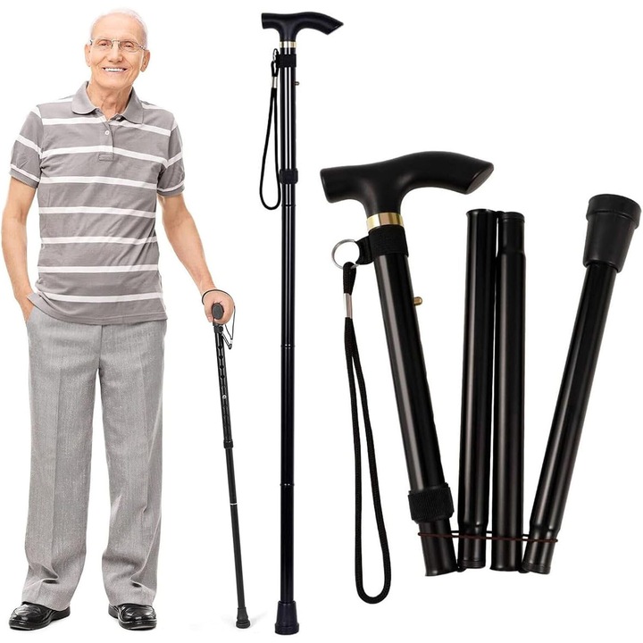 Baston ortopedic de sprijin pliabil usor reglabil, potrivit pentru ambele maini, Reglabil pe Inaltime, Ideal pentru Batrani sau Persoanele dupa Accidente sau Rani, Dimensiuni 84.5 – 93 cm, ofera stabilitate si sustinere, OUYLAF, Negru