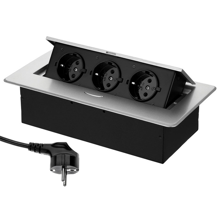 Priza Incorporabila in Blat Bucatarie, Masa sau Birou, Duueyct, 3 Schuko,16A/250V,3500W, Incastrabila, lungime cablu 1.8m, Gri