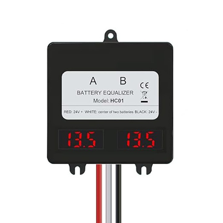 Egalizator baterii 24V, 2 x 12V, Rqiurpn, pentru panouri fotovoltaice cu afisaj LCD, protectie la polaritati, pentru baterie cu litiu cu plumb si acid, Negru