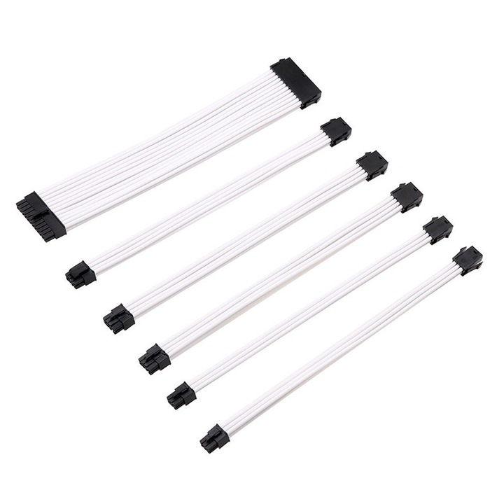 Set 6 Prelungire Cabluri Sursa ATX, Rqiurpn, Modding Sleeve, Kit Extender, Impletit, 18AWG, 30cm, Alimentare 24Pin 8Pin, Alb