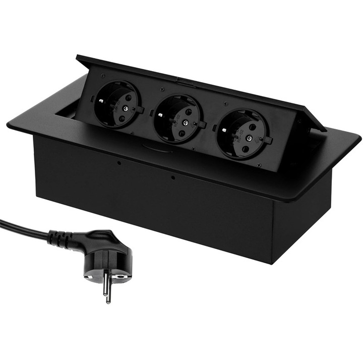 Вграден контакт за кухненски плот, маса или бюро, Rqiurpn, 3 Schuko, 16A/250V, 3500W, вграден, дължина на кабела 1.8м, черен