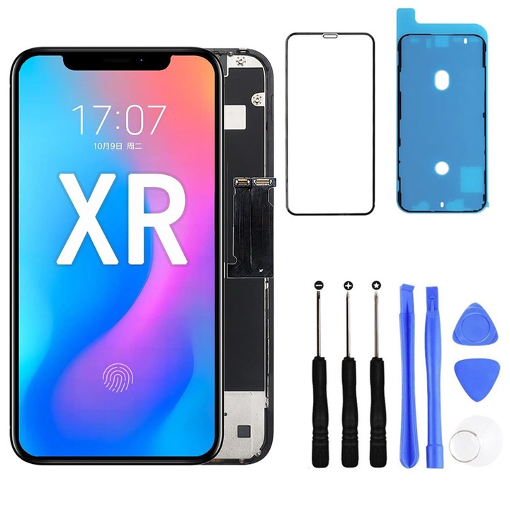 Екран, Съвместим с iPhone XR, Rqiurpn, 6.1 инча, пълен комплект с инструменти за ремонт, защита от закалено стъкло, черен