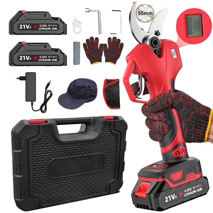 Elektromos kerti metszőolló, kefe nélküli motor, intelligens LCD kijelző, 2 akkumulátoros készlet, 50 mm vágási kapacitás, ergonomikus kialakítás