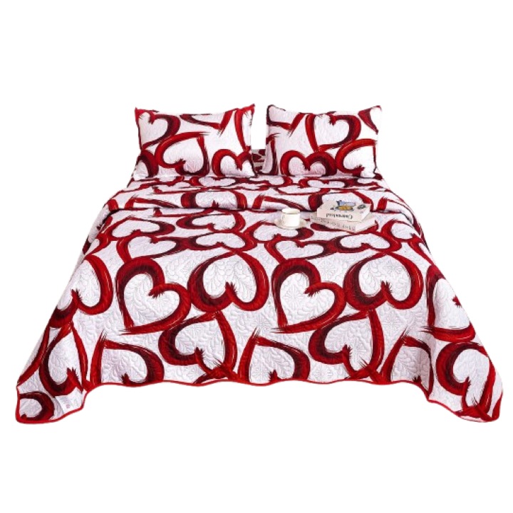 Cuvertura de pat, Microfibra, 3 piese, 2 persoane, 220x240cm, Imprimeu Inimi, Alb-Rosu