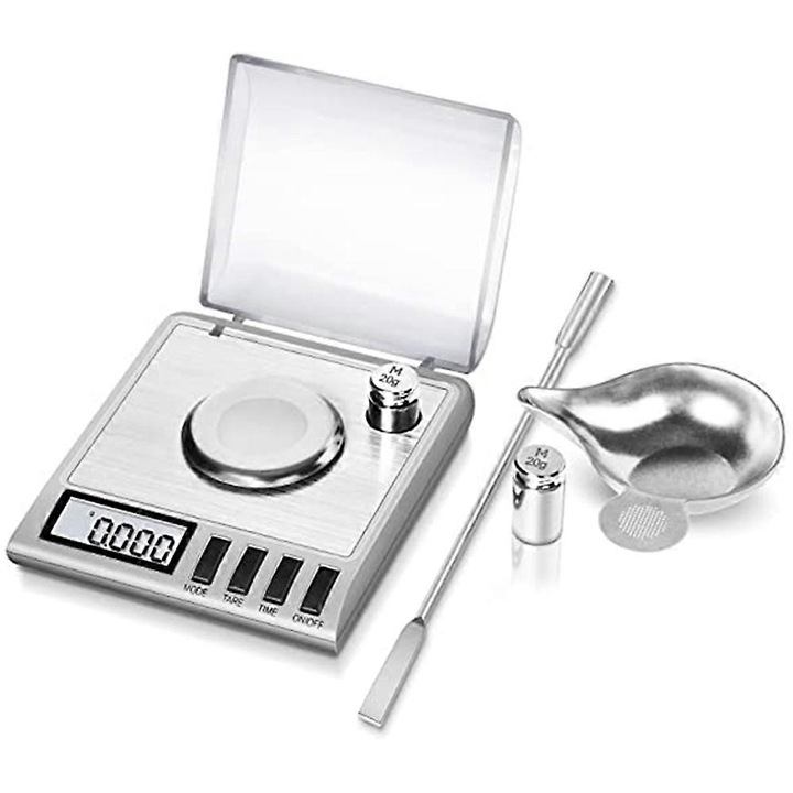 Cantar electronic de precizie din inox, 50g/0.001g, cu greutati de calibrare, display LCD, accesorii incluse