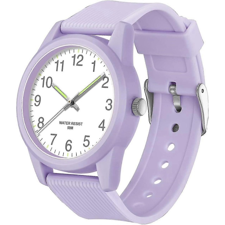 Ceas analog pentru copii, 50m waterproof, curea TPU, carcasa ABS, violet