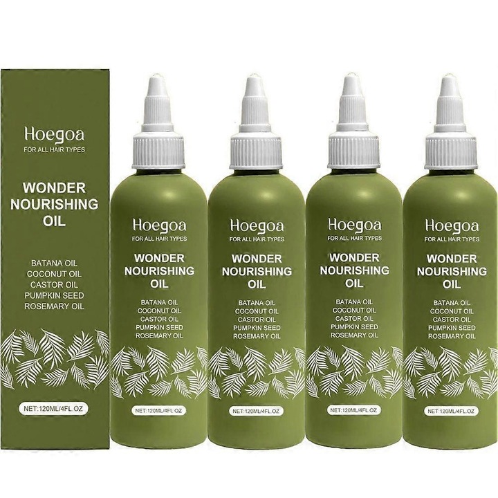 Ulei de crestere a parului, Hoegoa, 100% pur, amestec cu ulei de ricin, cocos si rozmarin, set de 4 bucati