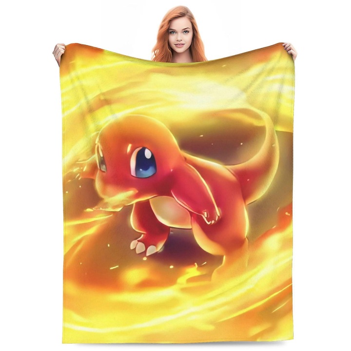 Patura din fleece, Charmander, 76x102cm, multicolor, pentru copii si adulti