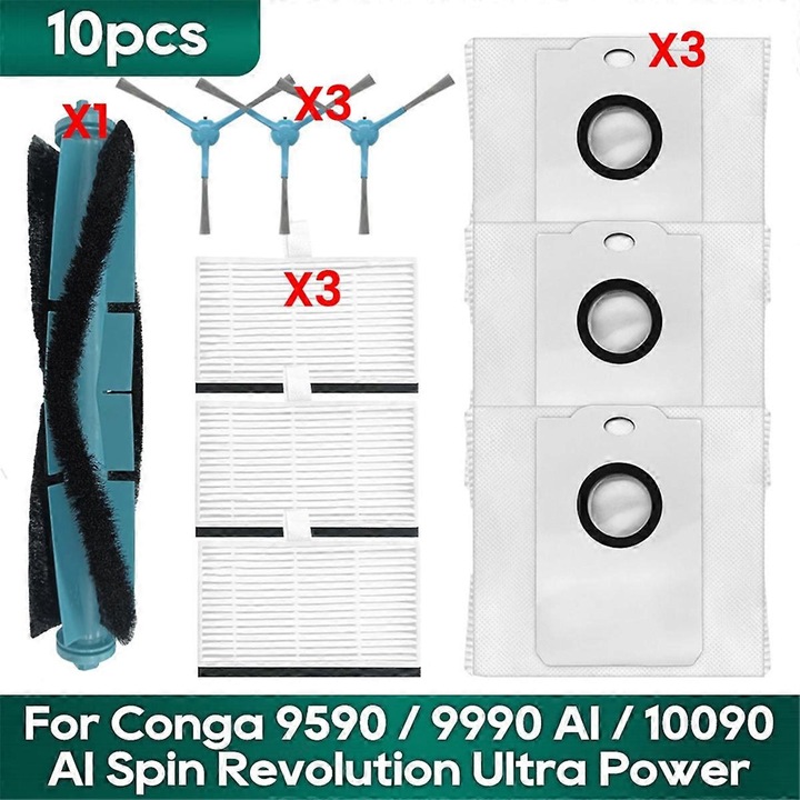 Комплект аксесоари за прахосмукачка за Cecotec Conga 9590 9990 Ai 10090 Ai, 1 въртяща се четка, 3 странични четки, 3 HEPA филтъра, 3 торбички за прах