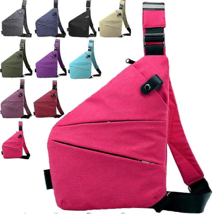 Geanta crossbody pentru femei, impermeabila, roz, dimensiuni ajustabile 45x55 inci, cu compartimente RFID