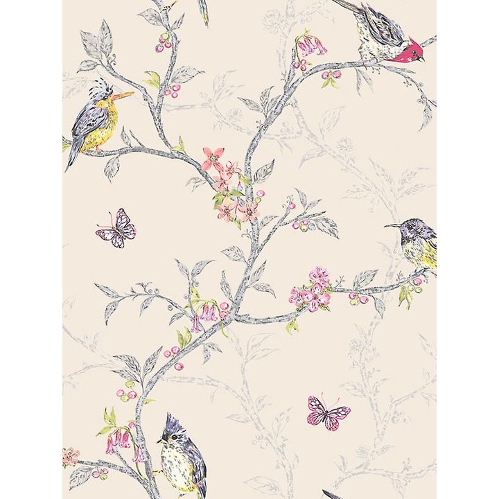 Тапет Фийби, дизайн с птици, гълъбово сиво, 10 м x 52 см