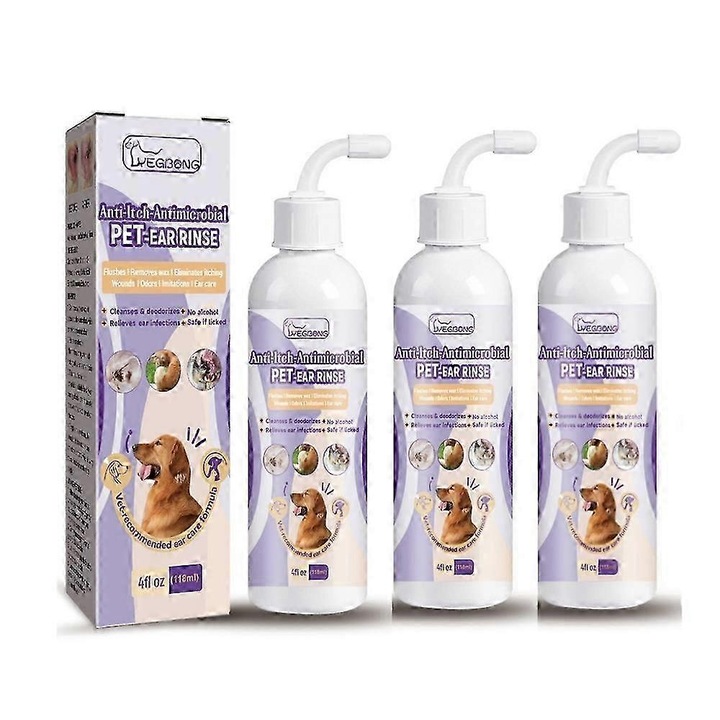 Solutie de curatare pentru urechi animale, 118ml, 10 betisoare de bumbac, extracte naturale, fara miros, Yegbong, 3 buc