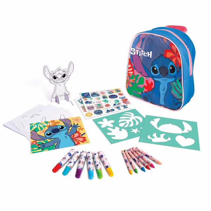 Set de desen rucsac Disney Stitch, 10 coli colorat, 6 markere, 6 creioane, 23x10x25cm