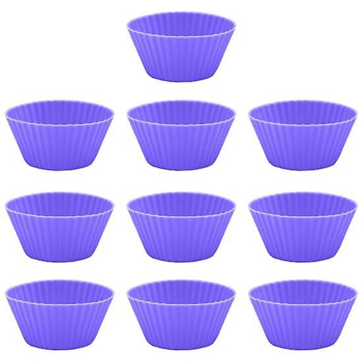 Set 10 forme prajituri din silicon reutilizabile, rezistente la caldura, violet, 7x3.2cm
