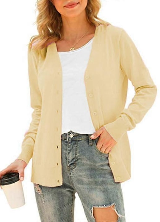 Női hosszú ujjú kardigán, kötött, poliészter-pamut, sárga