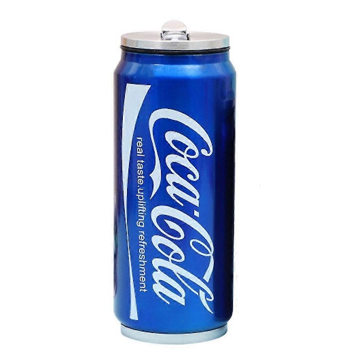 Sticla de apa metalica cu pai, design sticla de cola, albastra