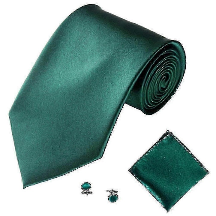 Set cravata barbati, verde inchis, 1 cravata, 1 batista, 1 pereche de butoni, poliester satin, dimensiuni cravata 10cm x 3.5cm, dimensiuni butoni 2cm x 1.6cm, dimensiuni batista 22cm x 22cm