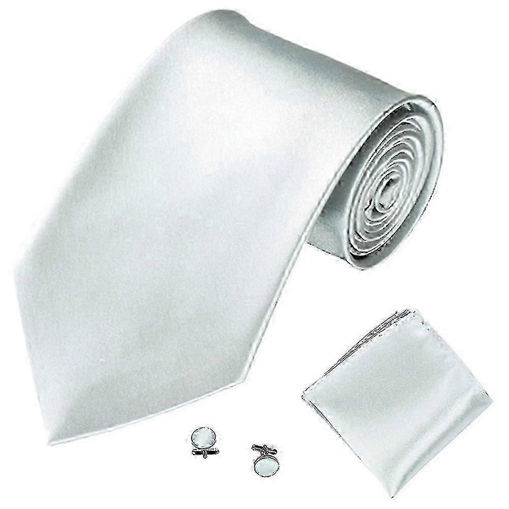 Set cravata barbati, argintiu, 1 cravata, 1 batista, 1 pereche de butoni