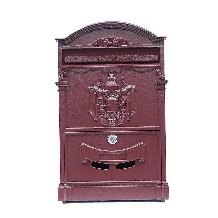 Cutie postala din fier, design vintage, rosu lucios, montare pe perete