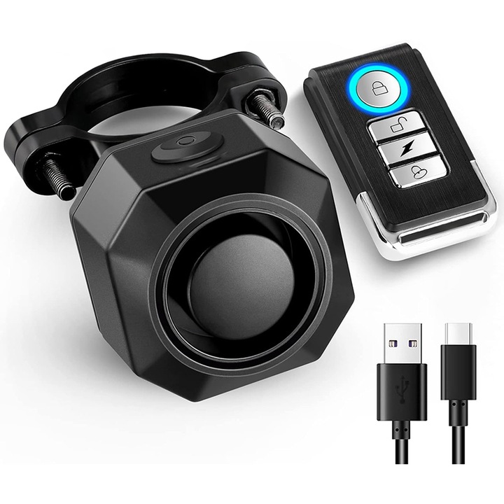 Riasztó kerékpárhoz, motorkerékpárhoz, elektromos kerékpárhoz, Rqiurpn, USB-ről tölthető, állítható hangerő, állítható érzékenység, IP65 fejlett védelem, távirányító